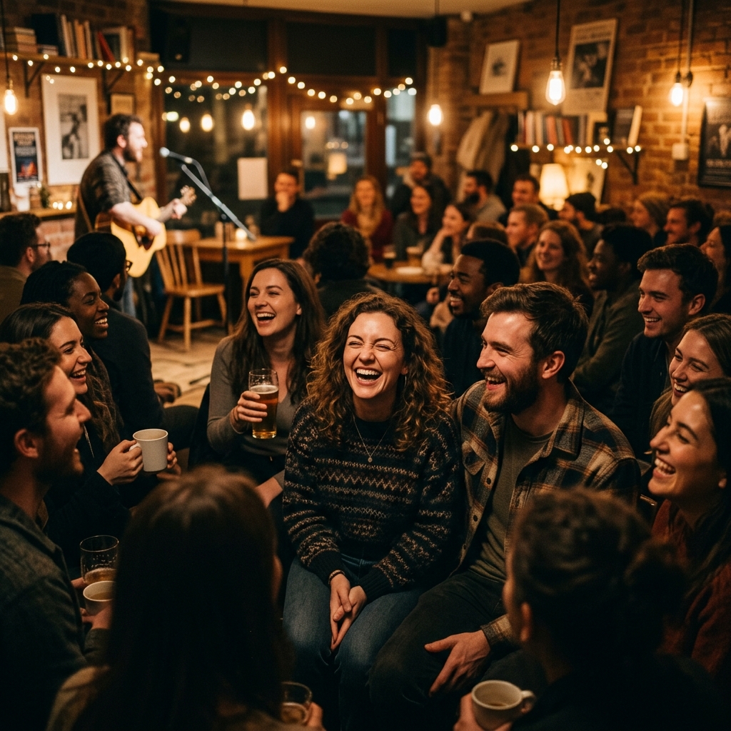 Intimate audience smiling at event