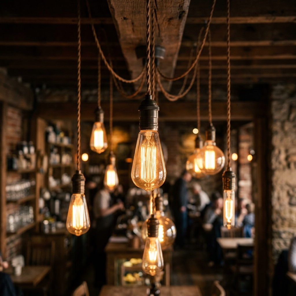 Warm hanging Edison Bulbs in cafe